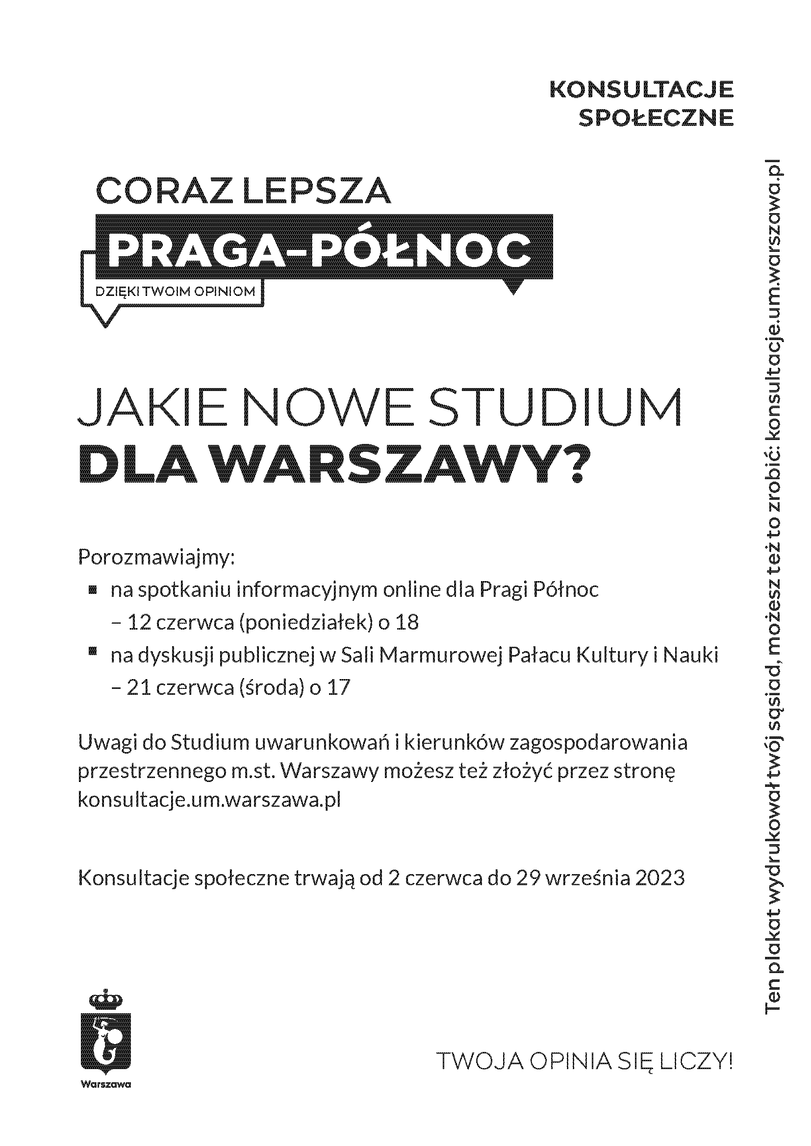 Plakat - zaproszenie na spotkanie w sprawie Studium dla Warszawy